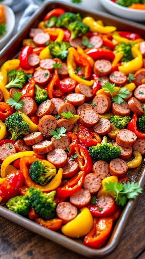 Easy Smoked Sausage and Vegetable Sheet Pan Dinner A sheet pan dinner with smoked sausage and roasted vegetables on a wooden table, garnished with parsley.